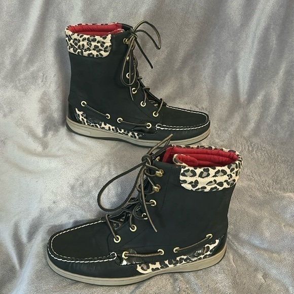 Sperry Top Sider Hikerfish Black Leopard Boots 9531393-‎ Women's Size 10 - Picture 1 of 14